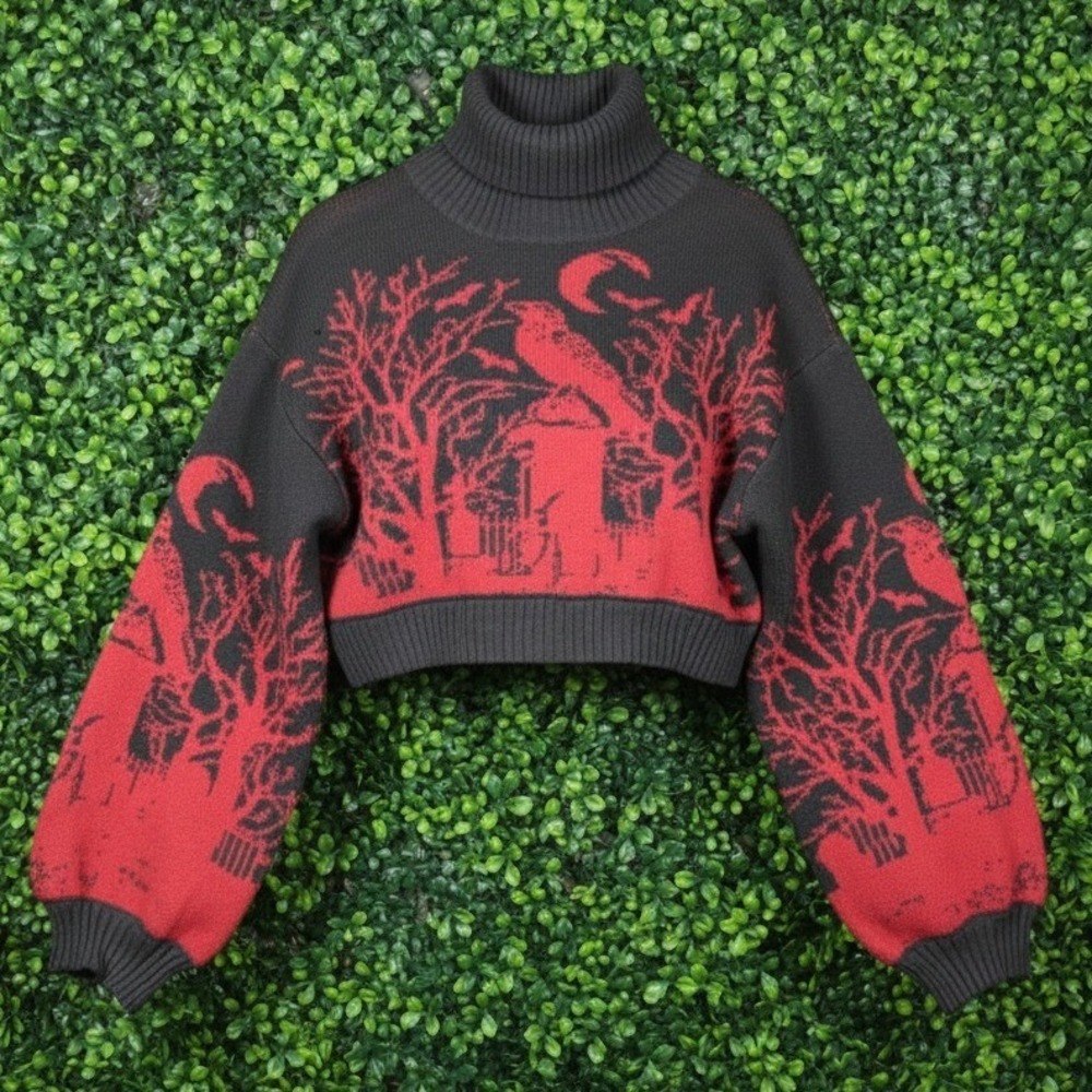 Romwe Gothic Raven Cemetery Cropped Turtleneck Sweater Black Red Large NEW